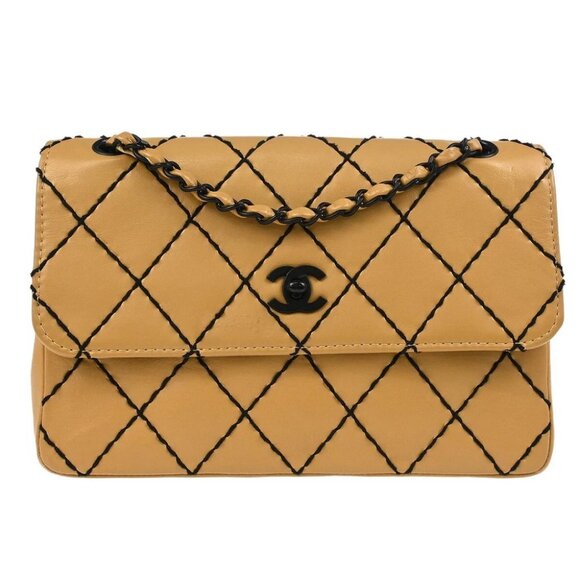 CHANEL Handbags - Chanel Beige Lambskin Wild Stitch Straight Flap Shoulder Bag